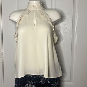 ASTR The Label Ruffle Halter Neck Tie Open Back Beige Blouse Top Womens